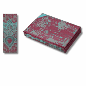Folded Travel Yoga Mat. Teals and Maroons in Mandala style