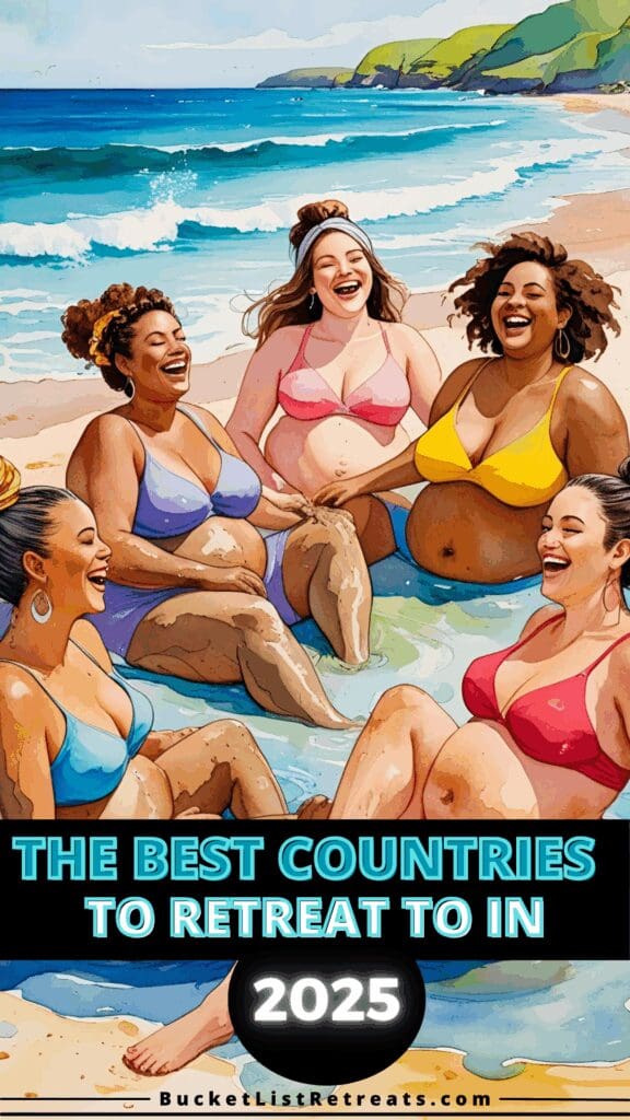 Group of diverse, joyful women relaxing at a tropical beach retreat — representing the best retreat destinations to travel to in 2025.