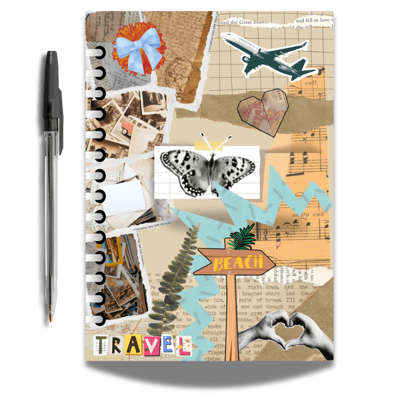 Small Spiral Travel Journal with Pen. The journal looks like a mismatch of