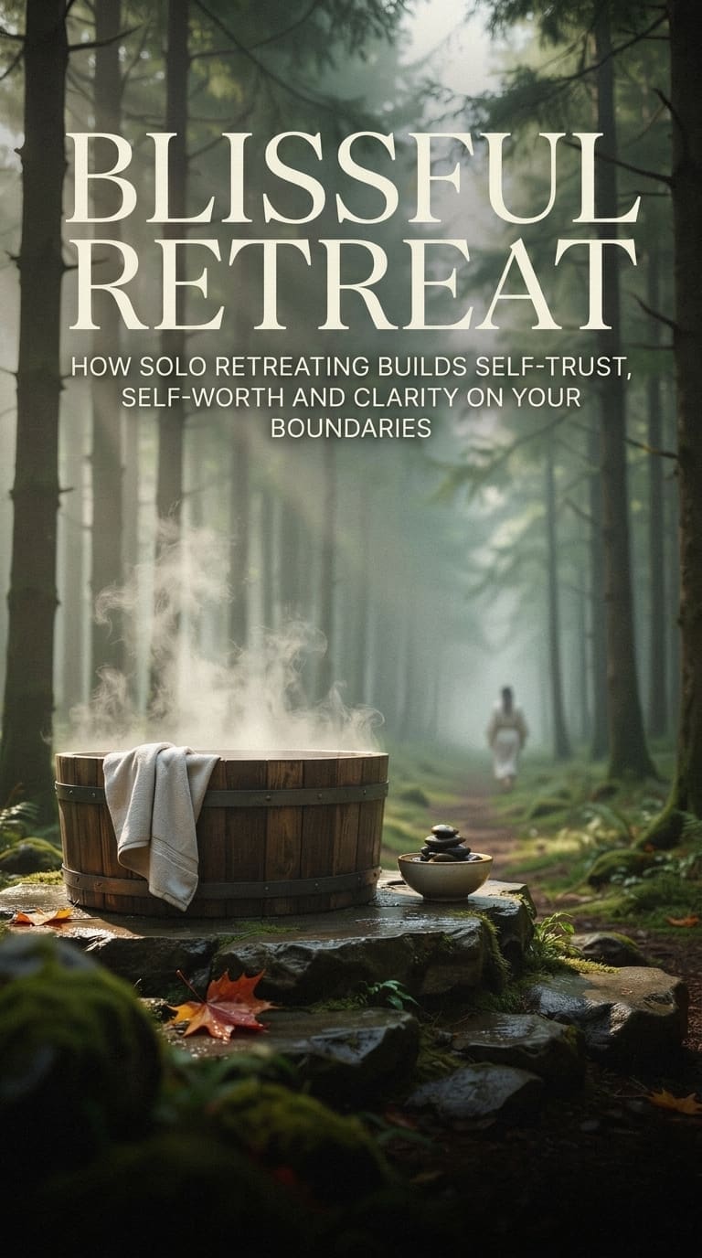 A misty forest path with soft light filtering through tall trees, a steaming wooden soaking tub in the foreground draped with a white towel, and a lone woman walking peacefully into the distance. Text reads: Blissful Retreat — How Solo Retreating Builds Self-Trust, Self-Worth and Clarity on Your Boundaries.
